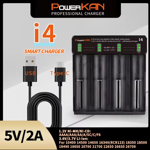 POWERKAN i4 battery charger with LED display for 4 3.7V Li-ion18650 26650 21700 batteries and 1.2V N