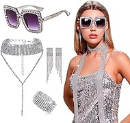 LaVenty Gold Disco Party Outfit 70s Disco Accessories Women Costume Disco Earrings Sequin Necklace Sunglasses Rhinestone