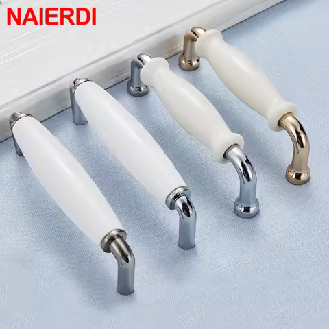 NAIERDI Modern Ceramic Cabinet Handles Zinc Alloy Drawer Knobs Bright Chrome Wardrobe Door Handles F