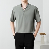 Henry Shirt Heavy American Short-Sleeved Men Summer Cotton Fitness Henry Collar Tight-Sleeved Yuppie