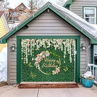 Green Leaves Happy Birthday Garage Door Cover Banner Decorations Backdrop 7x8ft Green Grass White Fl