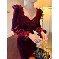 French Style Burgundy Velvet Square Neck Toast Dress