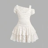 Tween Girl Asymmetric Shoulder Ruched Lace Jacquard Decor Sleeveless Skater Dress, Elegant Princess 