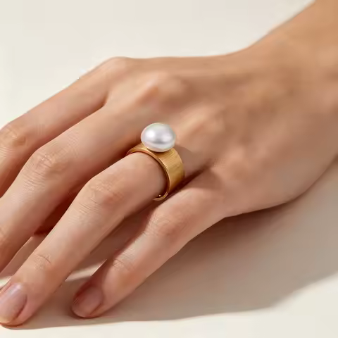 BURSONG #6 - #9 Large Wide Band Ring Natural Pearl Statement Jewelry- KR45439-K