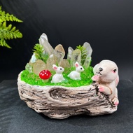 天然白水晶原石晶簇擺件 配樹脂兔子花盆