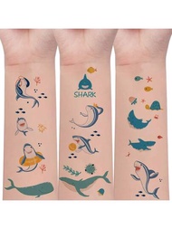 10入組(160圖案)動畫鯊魚紋身貼紙，適合節日生日禮物、假紋身貼紙，可愛鯊魚和鯨魚防水臨時紋身