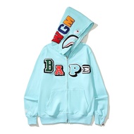 BAPE เสื้อกันหนาวมีฮู้ดฉลาม BAPE มีตัวอักษร WGM หลากสีฤดูใบไม้ร่วงและฤดูหนาวลำลองทรงหลวมเสื้อคาดิแกน