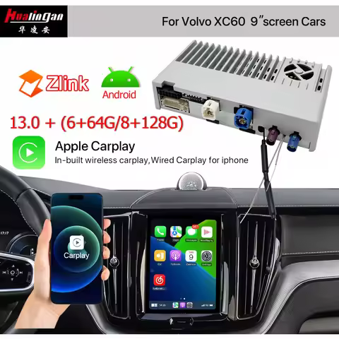 For Volvo XC60 Apple CarPlay wireless full screen Android Auto Android interface adapter android13 6