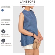Shirt Sleeveless LAHSTORE women's linen fabric, high round neck ASN03 (Stone Blue)