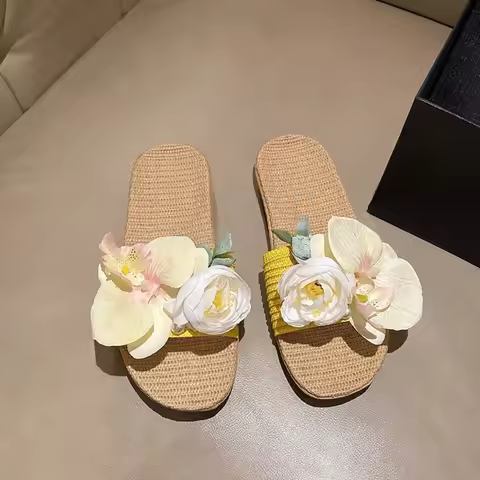 Fashion Soft Flower Linen Slippers Flat Pearl Moth Orchid Sandals Shoes Non-Slip Butterfly Orchid Sl