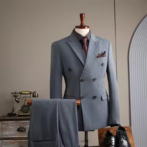 Man 2-piece Suit Set Turn Down Collar Striped Double-breasted Blazer Male Straight-leg Pant Men Brit