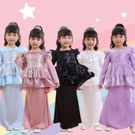 Baju Raya Rania Peplum Lace Pearl Sequin Kurung Moden Baju Raya Kanak-Kanak Perempuan Baju Sedondon 