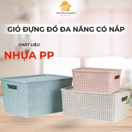 Plastic basket with lid in 3 sizes, multi-purpose storage basket helps save space, convenient to use
