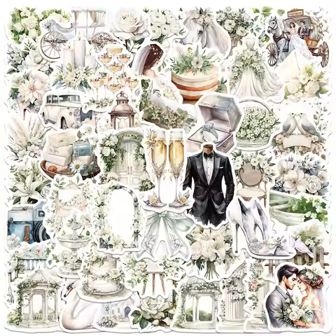 50PCS Vintage White Wedding Floral Stickers Elegant Botanical Decals For Scrapbooking Invitation Car