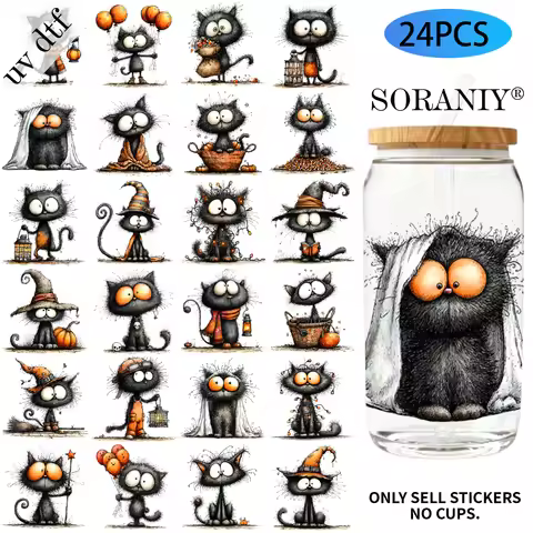 24PCS/Set Halloween Black Cat Quirky Themed UV DTF DIY 16OZ Transfer Stickers Water Bottles Glass Bo