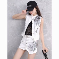 Denim Vest Suit Women 2026 Korean Version Sequined Phoenix Flower Stand-Up Collar Vest+Short Culotte