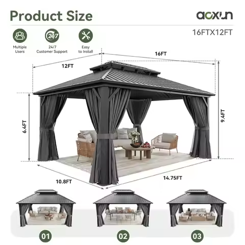 12X16Ft Hardtop Gazebo Metal Gazebo with Galvanized Steel Double Roof, Customized