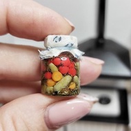 Miniature, jars of canned tomatoes and cucumbers, dollhouse, diorama