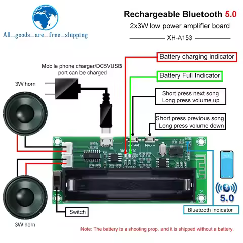 1/3pcs XH-A153 Lithium Battery Bluetooth 5.0 Dual-channel 2 Ch Channel Stereo Low Power Amplifier Bo