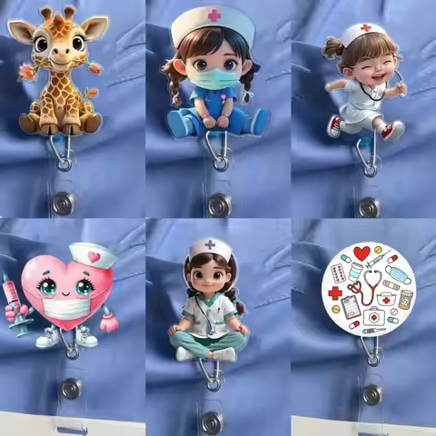 [2d flat]1pc Cute Nurse-Themed Retractable Badge Holder with ID Clip - Acrylic Medical Staff Name Ta