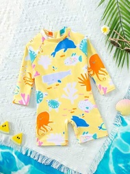 嬰兒男童珊瑚印花單件連體衣隨機圖案夏季防曬沙灘服裝