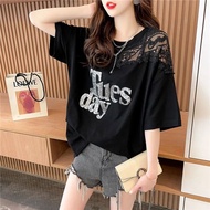 [Korean Version Plus Size Women's Clothing] Ready Stock Can Wear Within 150kg Plus Size Women's Clothing Fashionable Fat mm Summer Loose Age-Reducing Cover Belly Slimmer Look Lace Top Half-Sleeved T-Shirt Women 100kg