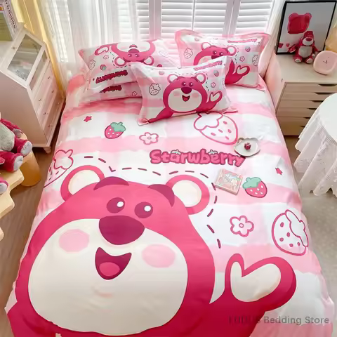Lotso Strawberry Shortcake Bedding Set Kawaii Bear Duvet Cover with Pillowcases Cute Quilt Cover for