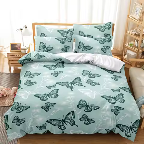 3 Pieces Mint Line Drawing Butterfly Duvet Cover, White Botanical Branch Floral Print Bedding, Breat