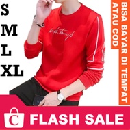BISA COD S M L XL Kaos Sweater Pria Cowok Laki Korea Garis Lengan Panjang Polos Bordir Kata MERAH CA