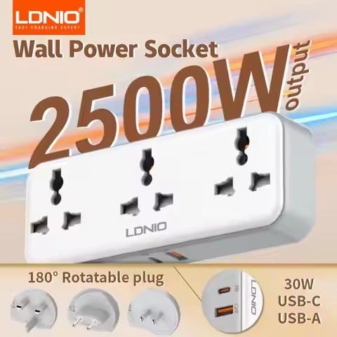 LDNIO 180° Rotatable Plug Wall Power Strip Universal Outlet 3 AC Socket 30W USB C USB A Fast Chargin