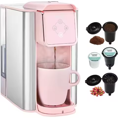 Pink Coffee Maker 3in1 Single Serve Coffee Machine for Flat Bottom Coffee Capsule Ground Coffee 6 to