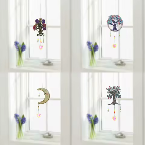 1 set of DIY colorful tree, moon pattern diamond painting kit, double-sided diamond painting window 