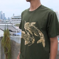 ฺBleach painted couple arowana tee shirt color green olive, 3 sizes : M L XL