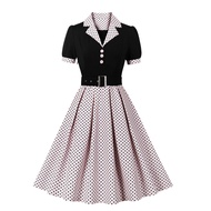 2024 New Fashion Polka Dot Vintage Pleated Dresses Retro Notched Collar Elegant Summer Women Short S