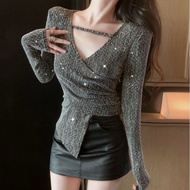 Áo Thun Sợi Nhũ Bling Bling Lấp Lánh Dài Tay Cổ Choker Vạt Lệch Cực Đẹp