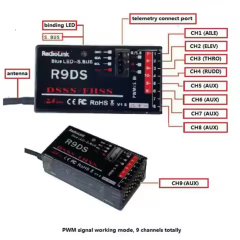 Radiolink R9DS 10CH 2.4GHz SBUS/PWM Receiver – Long Range for AT9/AT10/AT9S/AT10II Transmitter (Airp