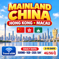 China Mainland+HK+Macau Daily Travel eSIM 3-15 Days 500MB/1GB/2GB/Day High-Speed Data Prepaid eSIM C