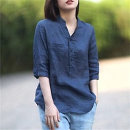 MUJI MUJI ฤดูร้อนญี่ปุ่นบวกขนาดผ้าลินินเสื้อยืดผู้หญิงเสื้อลำลองวรรณกรรมเกาหลีผ้าฝ้าย