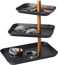 YAMAZAKI Home Rin 3-Tier Accessory Tray - Jewelry Holder & Storage Organizer, Metal With Wooden Acce