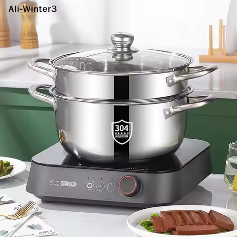 【R】Stainless Casserole Cookware Double Handle Soup Pot With Glass Cover For Induction Cooker Cooking