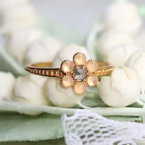 LAMOON Gemstone Ring For Women Natural Iolite Agate Ring Little Flower 925 Sterling Silver Gold Plat