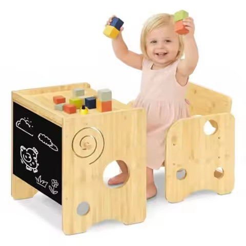 HOOBRO Table and Chair Set Bamboo Toddler Table and Chair Set with Chalkboard 3 in 1 Table and 1 Cha
