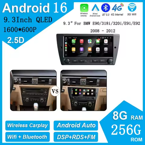 9.3'' QLED Touch Screen 1600*600P Android 16 For BMW E90/318i/320i/E91/E92 2008 - 2012 DSP Car Radio