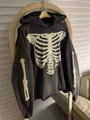 Saint Skeleton Crack Printed Hoodie High Street Washed Distressed Vintage Style Couple Loose Hoodie