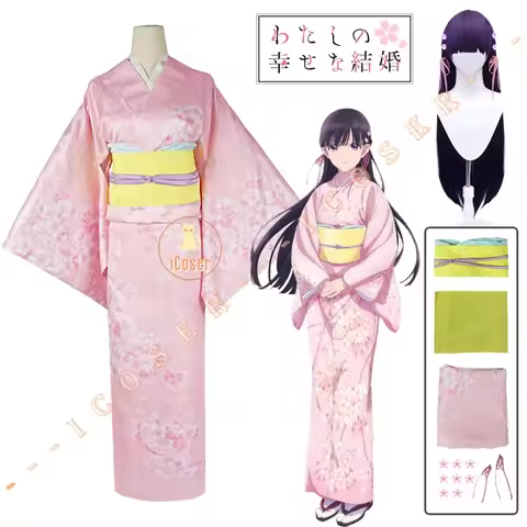 Anime My Happy Marriage Miyo Saimori Cosplay Costume Kimono Pink Dress Outfit Headwear Japanese Clot