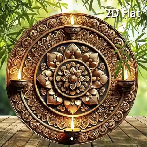 2D Flat Wooden Mandala Sign Round Wall Art Vintage Oriental Buddha Lotus Metal Tin Decor for Home Yo