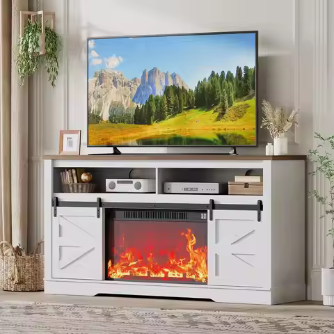 Fireplace TV Stand for 65 Inch TV with 26'' Fireplace(Bright White) | Entertainment Center with Stor