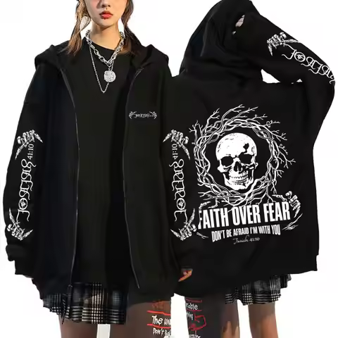 Christian Religious Jesus Faith Over Fear Skeleton Merch 2026 Zipper Hoodie Men Women Hip Hop Fashio