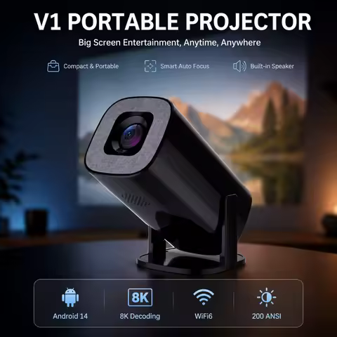 Portable Projector V1 300AMSI Native 720P HD 8K Video Decoding WiFi6 BT5.2 Android14 For Bed Room Ou