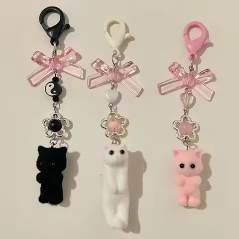 handmade white cat calico keychain jewelry Y2K cute